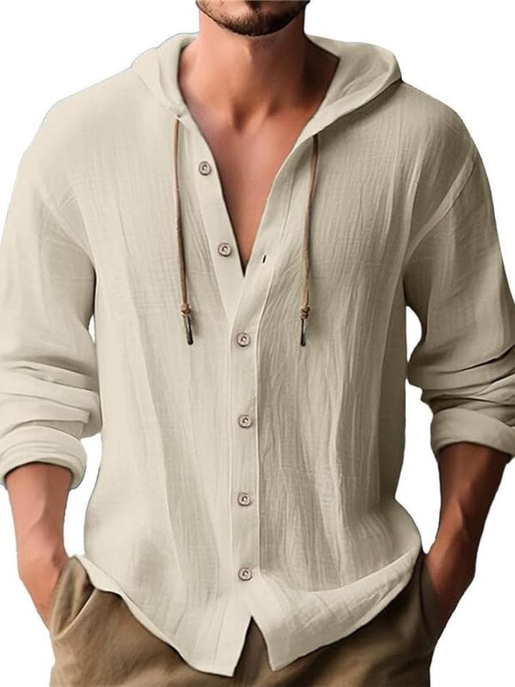 2025 New Men's Hooded T-shirt, Solid-color Cotton and Linen Men's Casual Long-sleeved Top S khaki