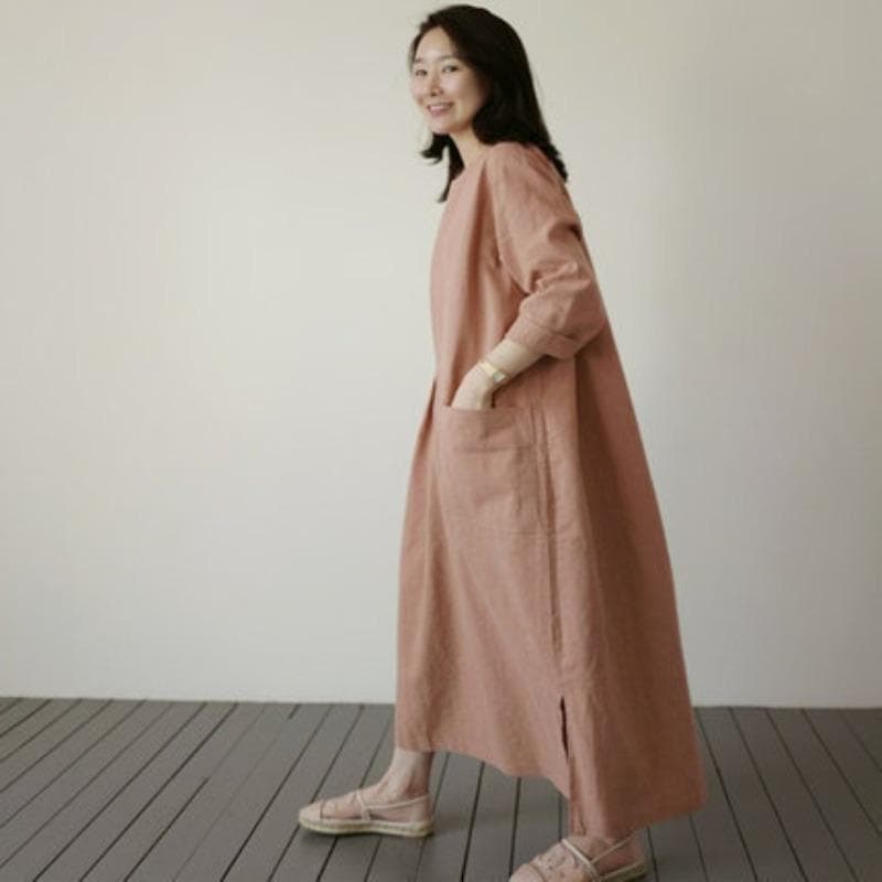 New Cotton and Linen Dress Women's Mid-length Korean Style Loose Large Size Big Pocket Linen Casual Skirt S pink
