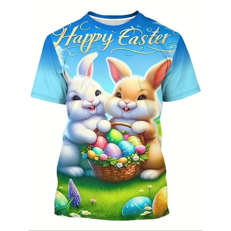 Men's Easter Bunny Tshirt Tops 3D Print Cute Rabbit With Eggs T Shirt For Men New In Round Neck Short Sleeve Tee Shirts S