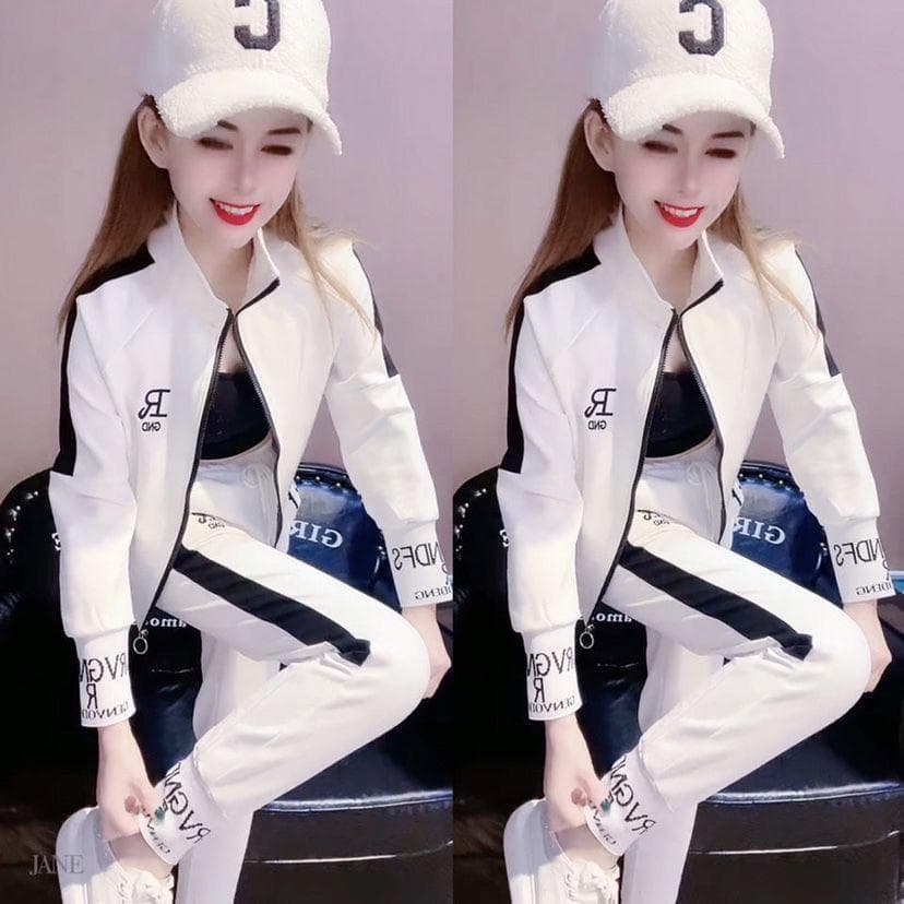 Women's Hip-Hop Casual Two-Piece Suit: 2025 Spring/Autumn Letter Sweater Jacket & Trousers Set M white
