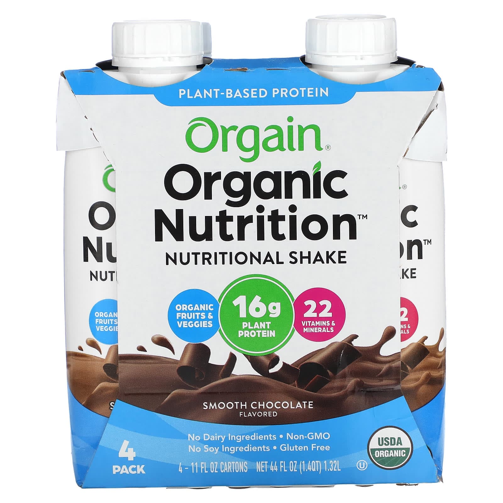 Orgain, Organic Nutrition, Nutritional Shake, Smooth Chocolate Flavor, 4 packs, 11 fl oz (330 ml) each
