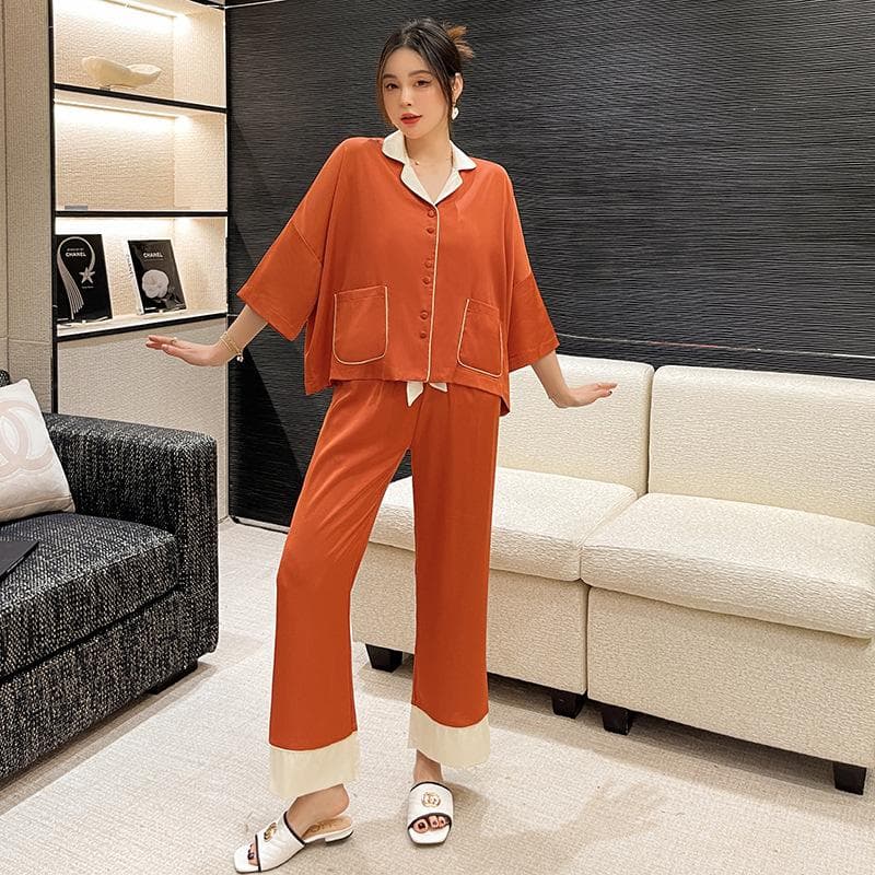Sexy Women's Lapel Pajamas Set Solid Candy Color Ice Silk Home Clothes Double Pocket Loose Casual Sleepwear Loungewear XL orange