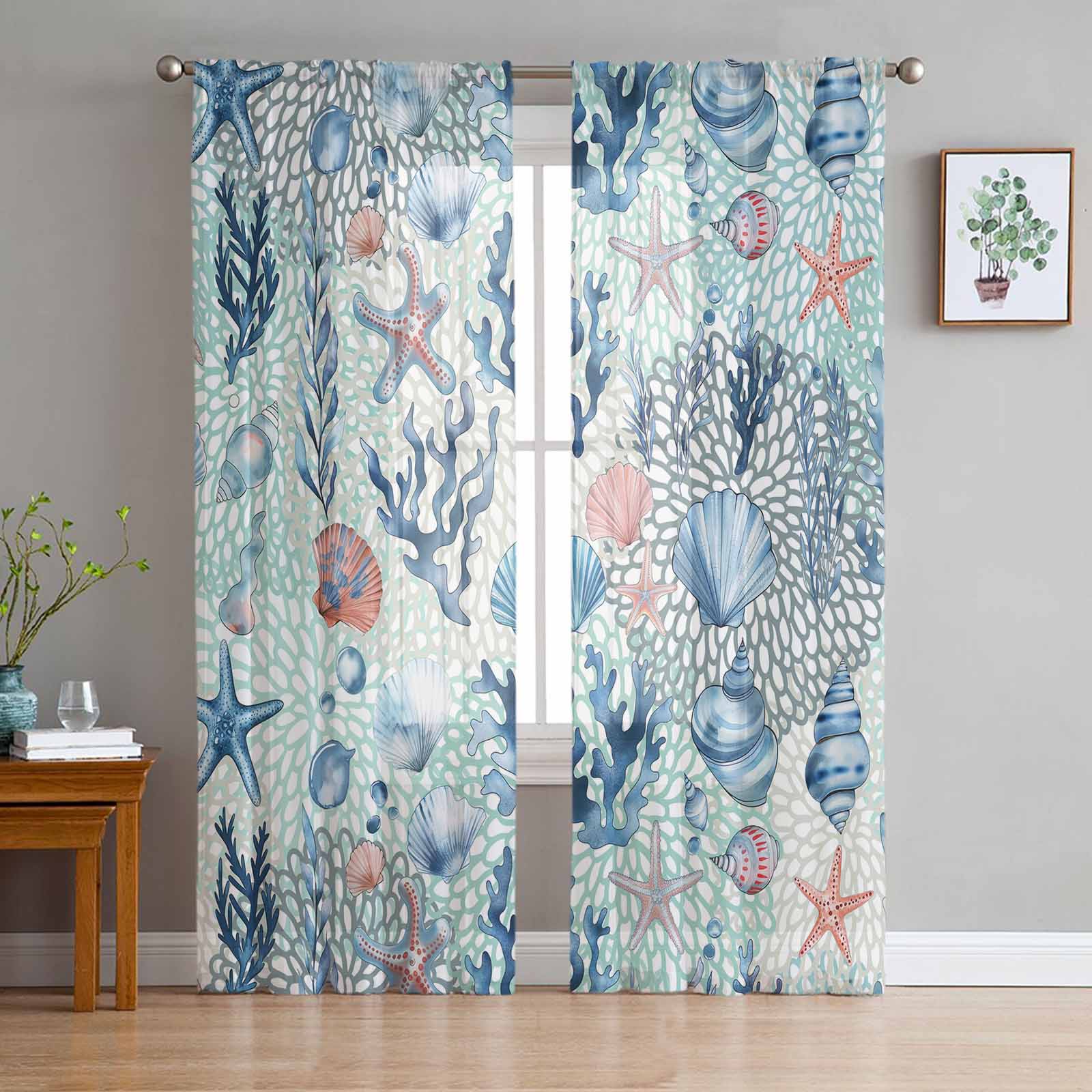 Summer Ocean Retro Watercolor Tulle Window Curtains for Bedroom Luxury Home Decor Drapes in Living Room Chiffon Panels 135W x 114H(cm)