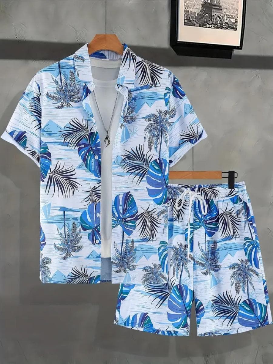 Men's And Women's Summer Short Sleeve Suit Seaside Irregular Design Pattern Print Fashion Button-Down Shirt Tops Sleeve Shorts 3XL