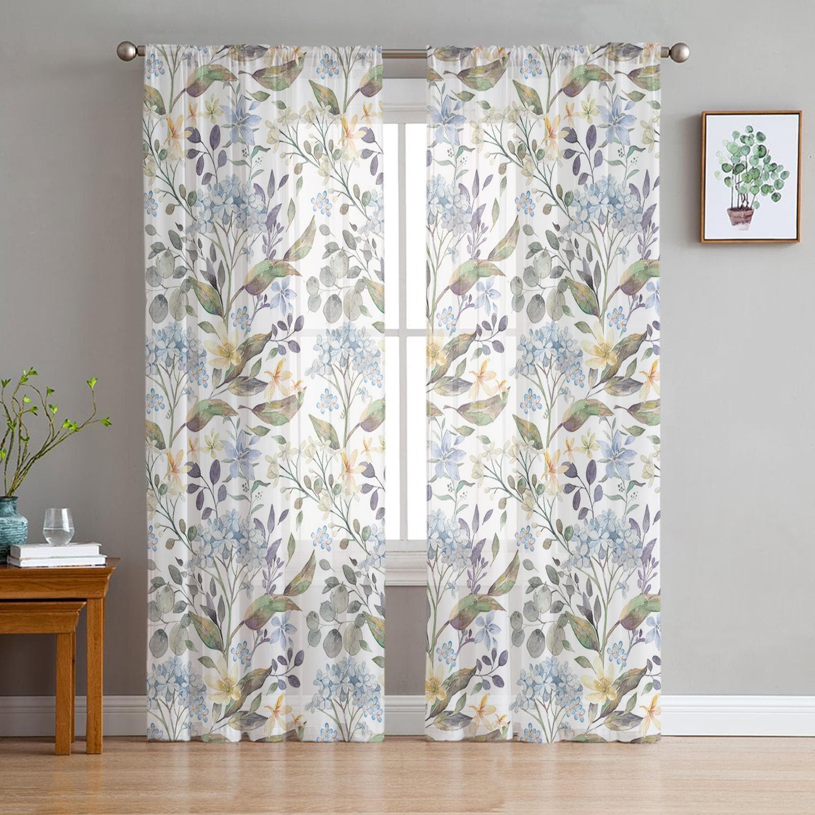 Spring Flowers Plants Hydrangeas Voile Sheer Curtains Living Room Window Chiffon Tulle Curtain Kitchen Bedroom Drapes Home Decor 135W x 114H(cm)