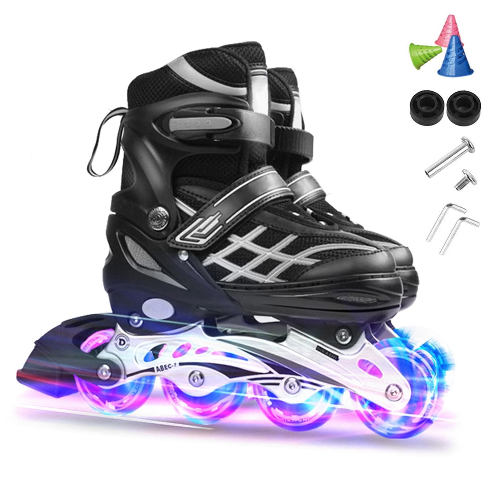 Adjustable Illuminating Inline Skates with Light Up Wheels for Kids and Youth Inline Skates for S black