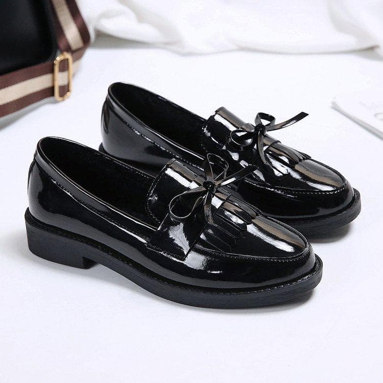 Women's Black Patent Leather Loafers Platform Slip on Shoes for Women New Spring British Tassel Casual Bowknot Flats Shoes 35 black