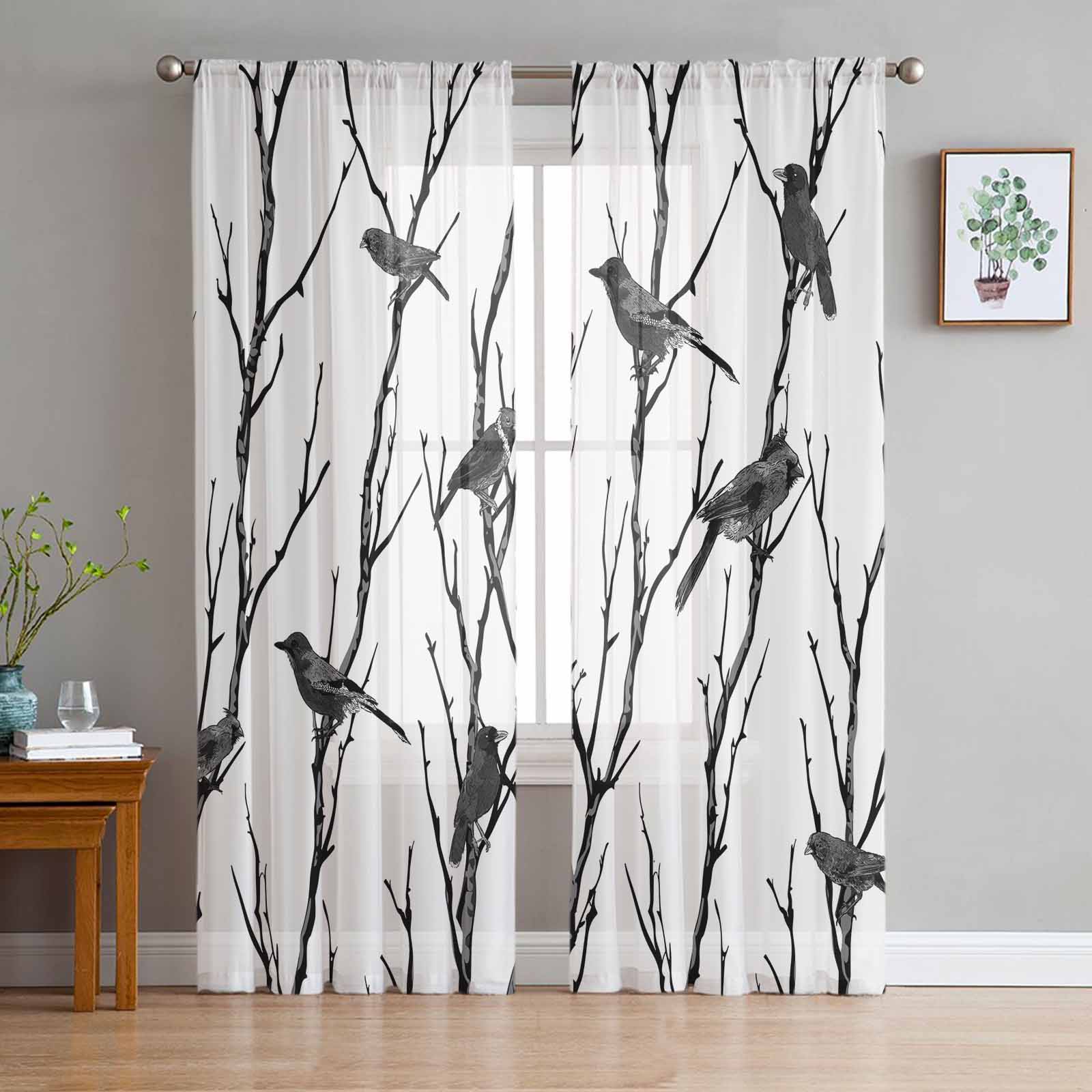 Abstract Silhouette Of Branch Bird Animals Tulle Window Curtains for Bedroom Luxury Home Drapes in Living Room Chiffon Panels 135W x 213H(cm)