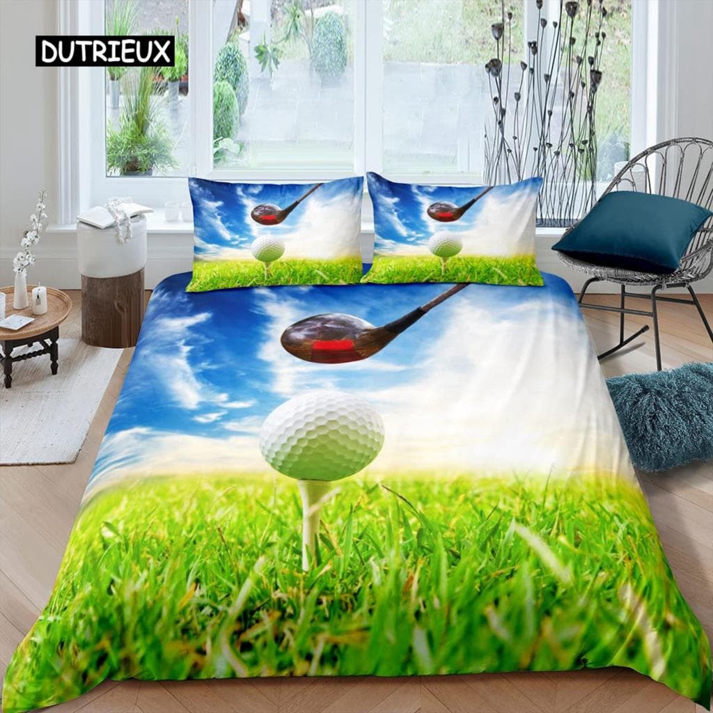 Golf Duvet Cover Set Golf Club Athlete Twin Bedding Set Microfiber Grass Leaf Branches Sports Game Theme Double King Quilt Cover 155x215cm 3pcs