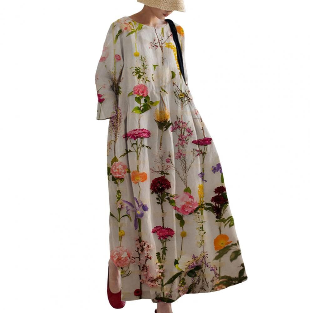 Women Dress Floral Print A-line Big Hem Long Sleeves Loose Round Neck with Side Pockets Pleated Casual Ankle Length Maxi Dress M apricot