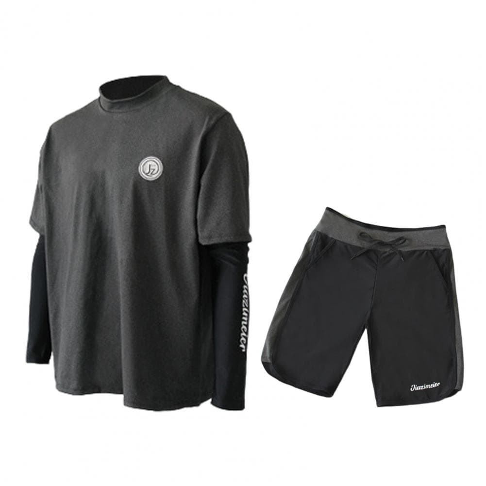 2 Pcs/Set Unisex Swimsuit Set Long Sleeves Quick-drying Fake Two-Piece Top Loose High Elasticity Adjustable Waist Couple Surfing PP