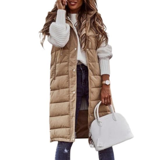 Women Vest Coat Padded Solid Color Sleeveless Hooded Drawstring Single-breasted Mid Length Slim Fit Zipper Hem Pockets 3XL khaki