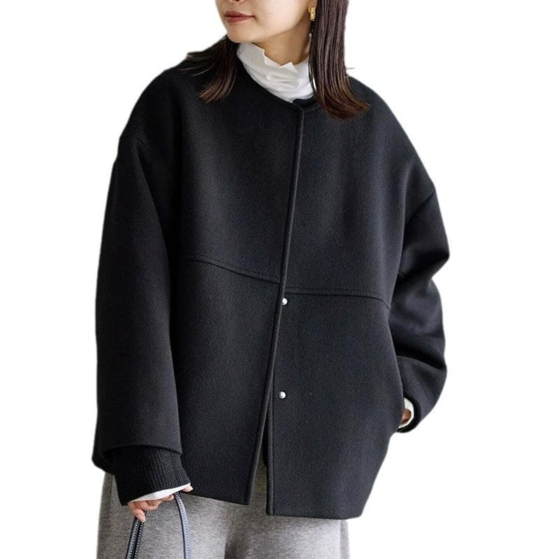 Autumn and Winter Woolen Jacket for Women's Design Sense Round Neck Retro Casual Loose Simple Versatile Top New Style L