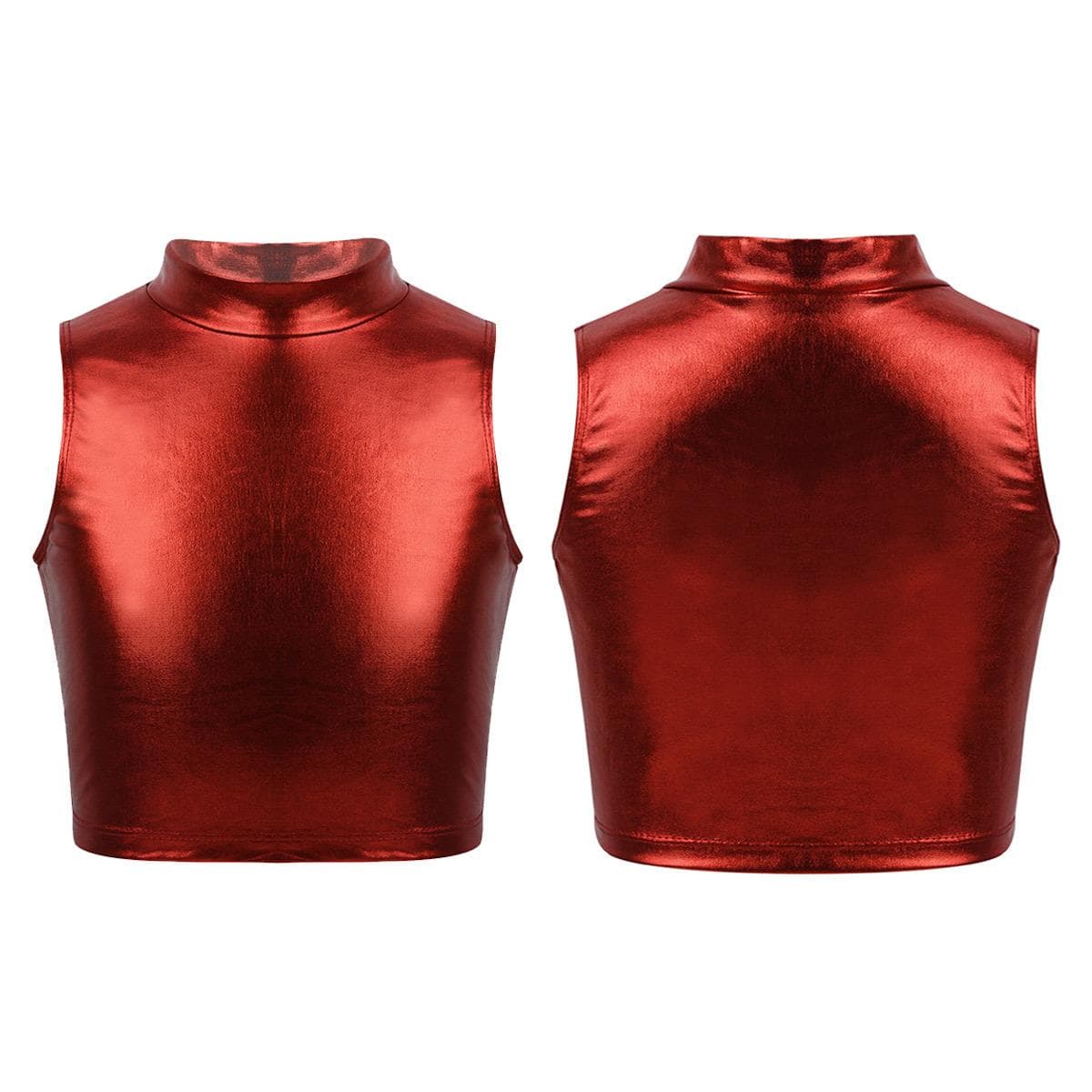Big Girls Shiny Metallic High Turtleneck Cropped Tank Top Cami Tees for Yoga Dance Gym Sport Bra 15-16 Years red