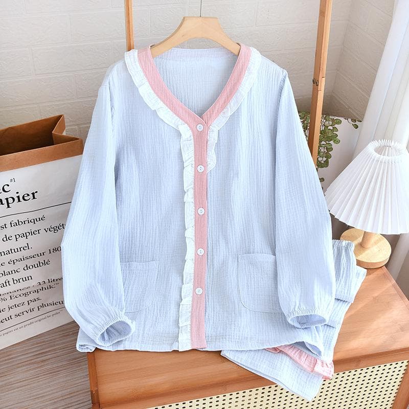 Cotton Women's Pajamas Color Contrast V-Neck Lace Home Clothes Sweet Cardigan Trousers 2Pcs Nightwear Loose Casual Homewear L blue