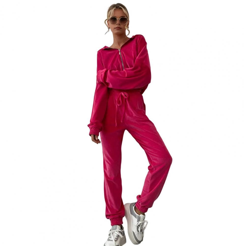 2 Pcs/Set Women Coat Pants Suit Hooded Zip-up Long Sleeve Short Top Elastic Hem And Waist Ankle-banded Pockets Trousers Winter D S rose red