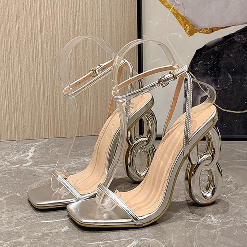 Liyke New Fashion Metal Hollow Out Strange Heels Gladiator Sandals Women Golden Silver Square Toe Wedding Party Prom Shoes 35 silver