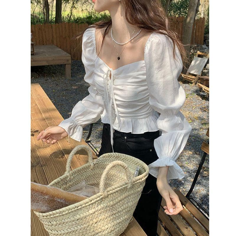 Square Neck Puff Sleeve Women Blouse Blue Cropped Top Pleated Design Vintage Shirt Simple Casual Sexy Sweet Spring Summer L white