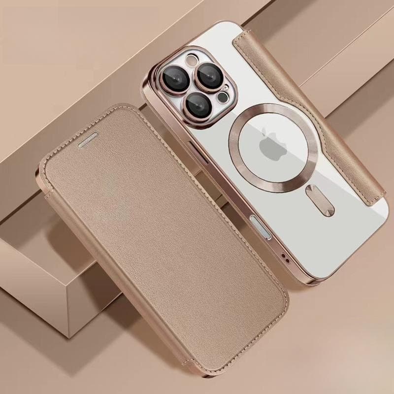 Applicable To IPhone16E Gold Shield Electroplated Magnetic Leather Case Mobile Phone Case Apple 15 Flip Cover 14p Full Cover Anti-fall Protection iPhone15promax