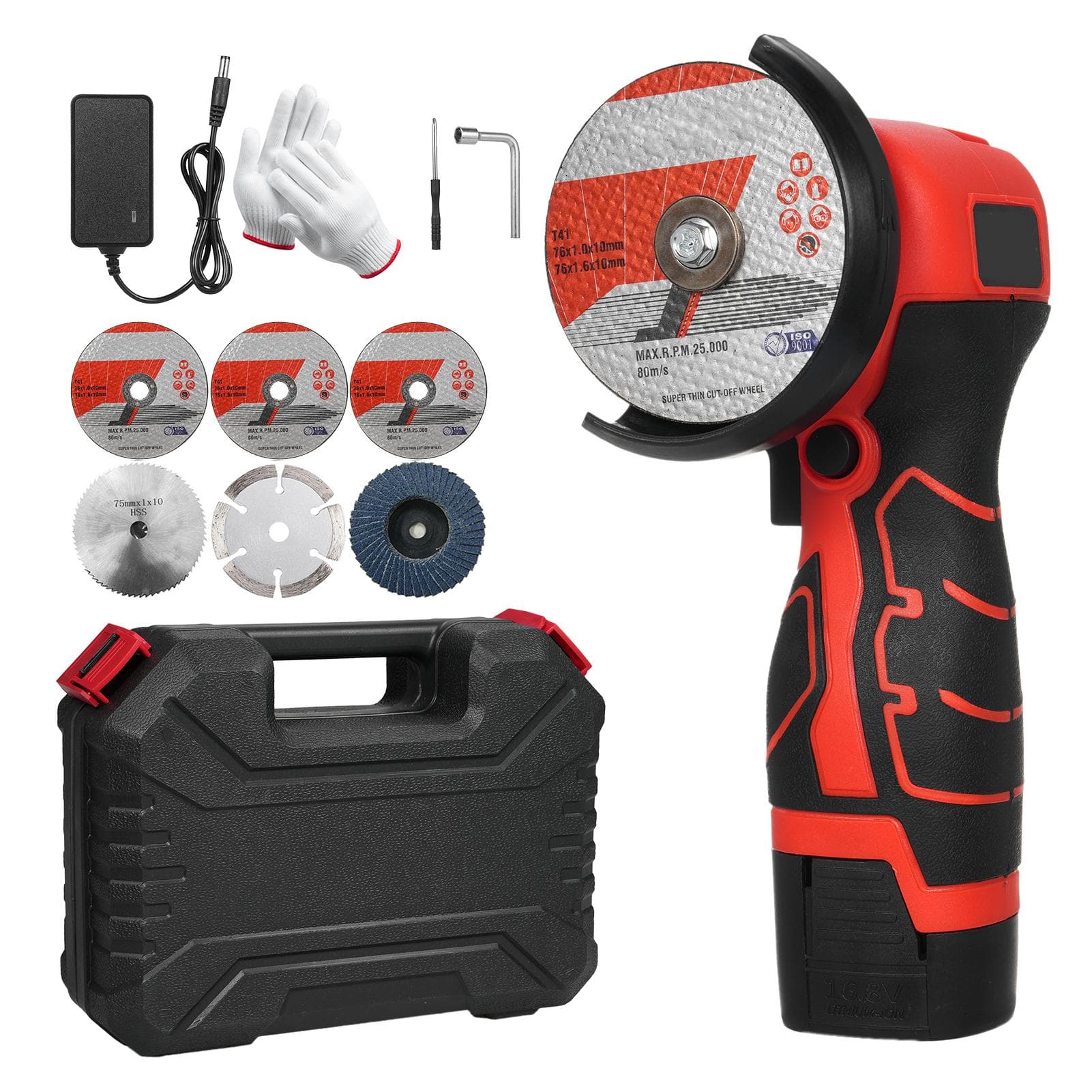 Cordless Angle Grinder 7000RPM Electric Grinding Tool Mini Grinder with 1Pcs 16.8V 2000mAh Battery EU Plug & 6 Blades red