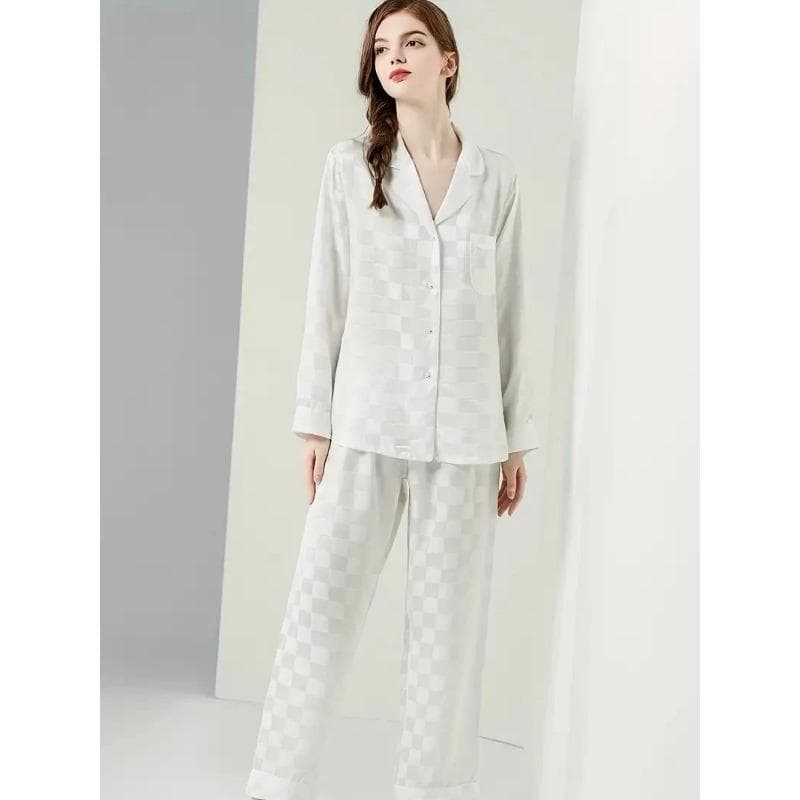 Simple Plaid Print Lounge Set, Comfort Pocket Lapel Long Sleeve Tops Cozy Long Pants, Women's Loungewear Sleepwear XXL white