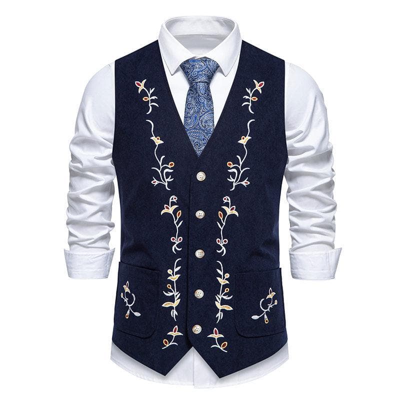 Men's Autumn and Winter Men's Fashion Color Matching Embroidery Single-breasted Suit Vest Corduroy Vest Men 2XL Dark blue