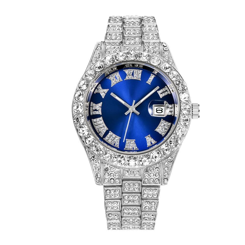 High Quality Luxury Fashion High-end Hip Hop Diamond Steel Belt Men's Quartz Watch Boy Business Sports Clock blue/silver