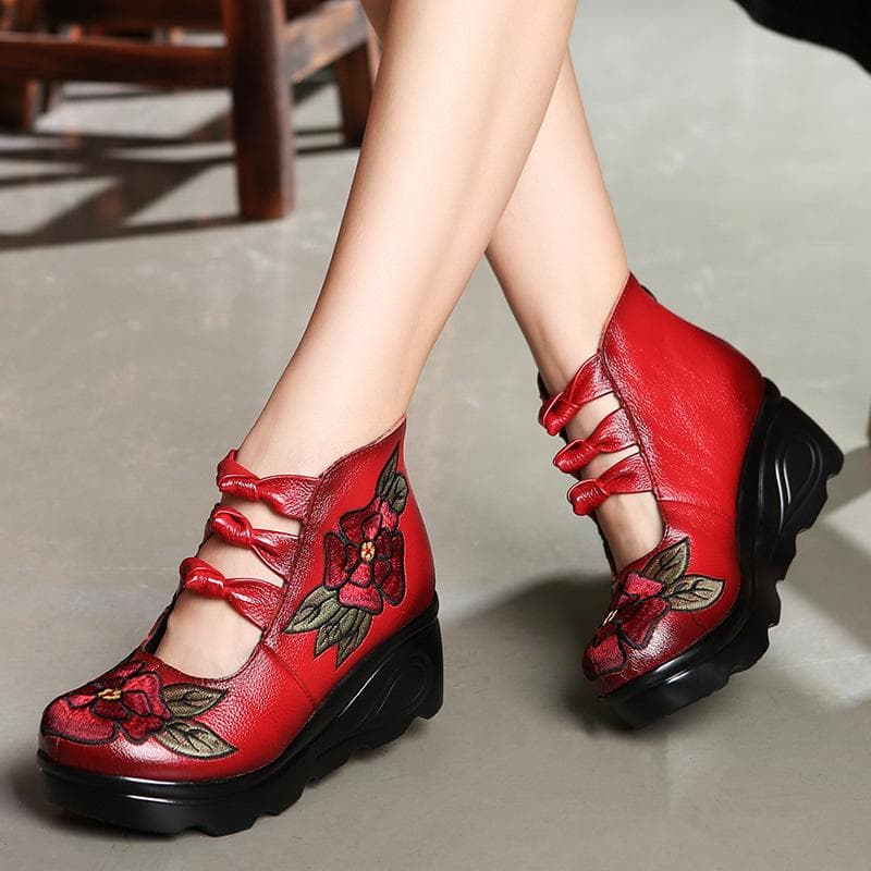 Vintage Embroidered Genuine Leather Shoes for Women High Heel Wedge Platform Shoes 40 red