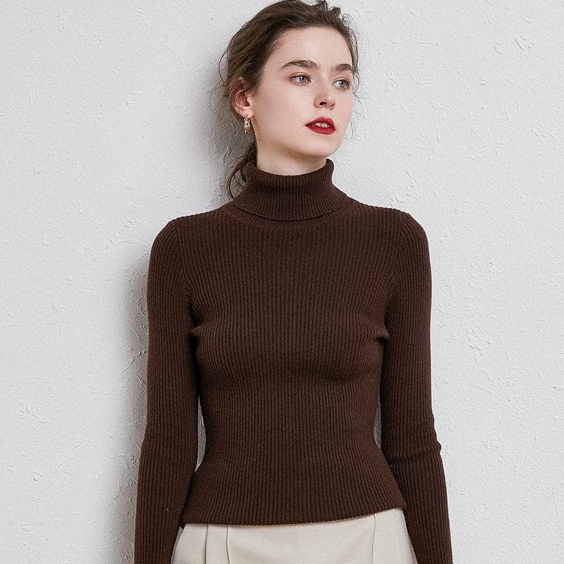 Autumn and Winter High Neck Sweater Slim Thickened Pullover Short Section Long-sleeved Tight Knitted Bottoming Shirt XL dark brown