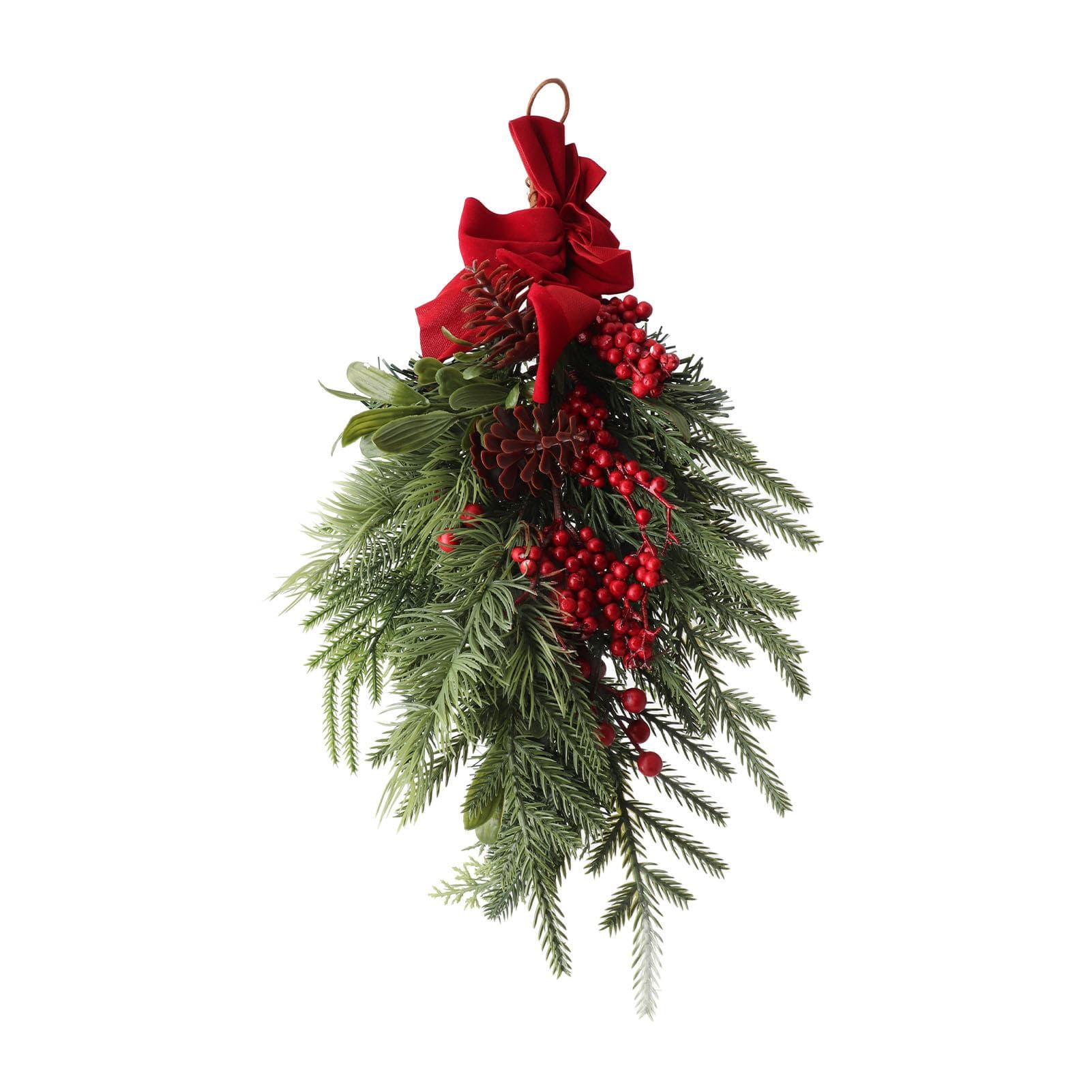 Upside Down Xmas Artificial Wreath Bow Knot Red Berries Hanging Xmas Teardrop Tree Decoration for 13.8in
