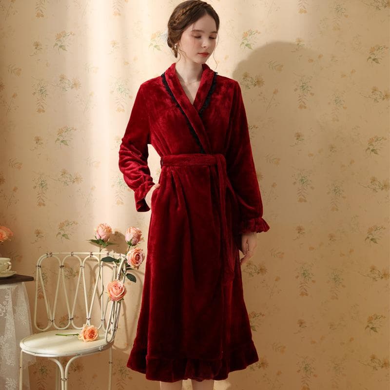 Velvet Robe Women Fall Winter Long-sleeved Bathrobe Court Style French Velvet Pajamas Bridal Red Morning Robe Thickened Homewear L