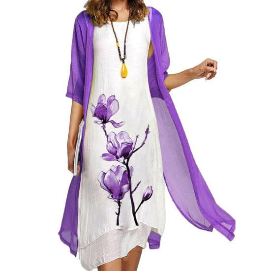 2Pcs/Set Spring Autumn Women Retro Flower Print Irregular Hem Vest Dress Solid Color Half Sleeve Shawl Coat Elegant Outfit M purple