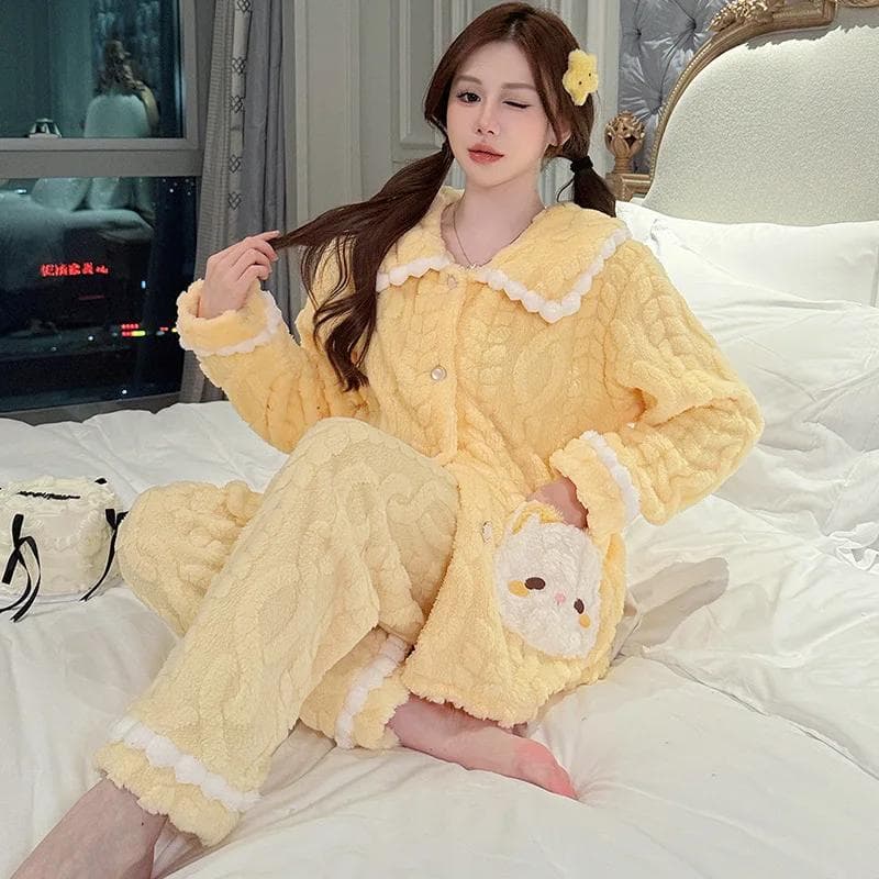 Plus Size Winter Women's Pajamas Set Sweet Flannel Home Clothes Thickened Fleece Lined Coral Fleece Warm Pajamas 5XL