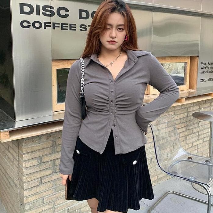 Large Women's Waistband Pleated Shirt Long-sleeved Shirt Design Sense Top 4XL dark gray