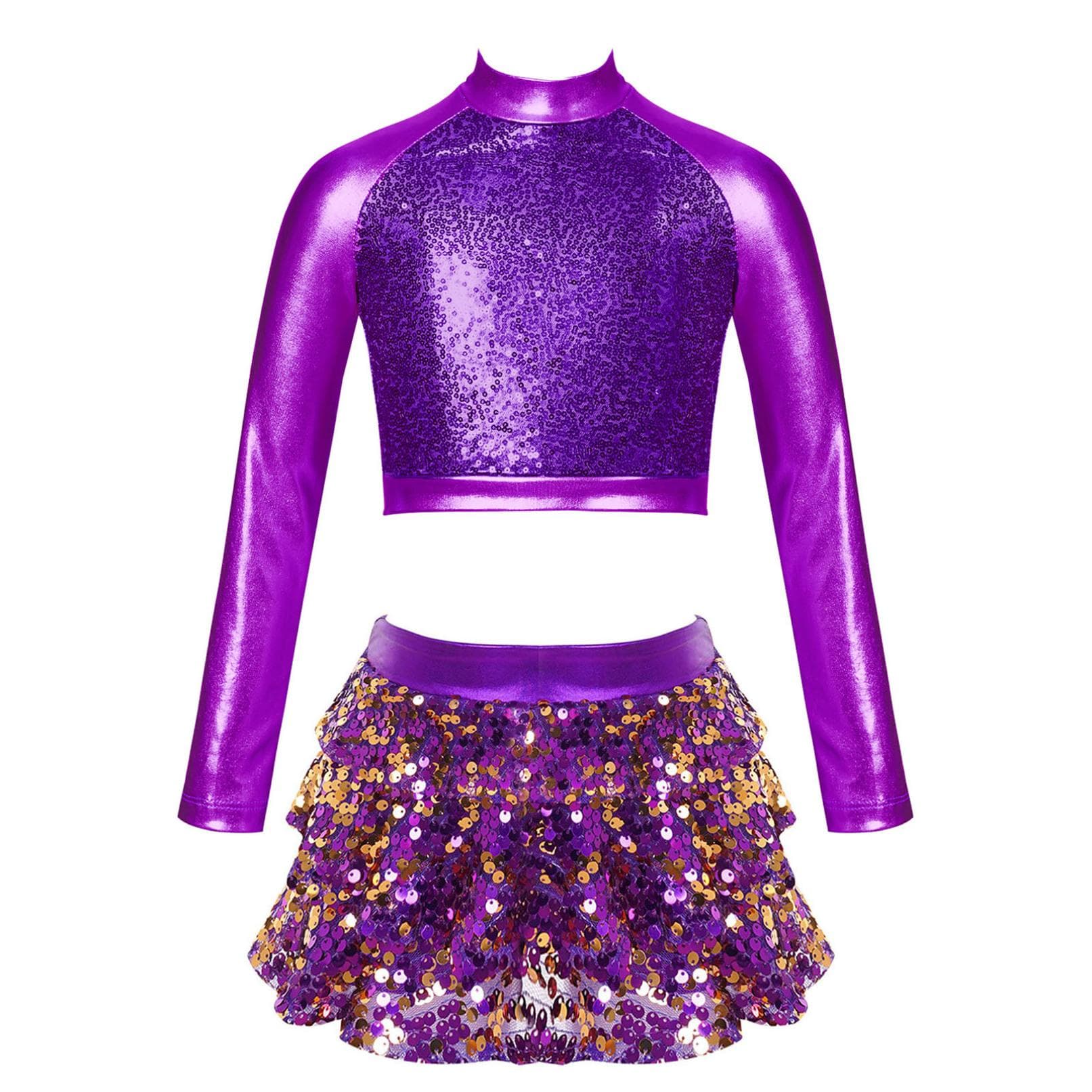 Kids Girls Shiny Sequins Jazz Hip Hop Dance Outfits Modern Dancing Costumes Performance Dancewear 6-16 Years 5-6 Years purple