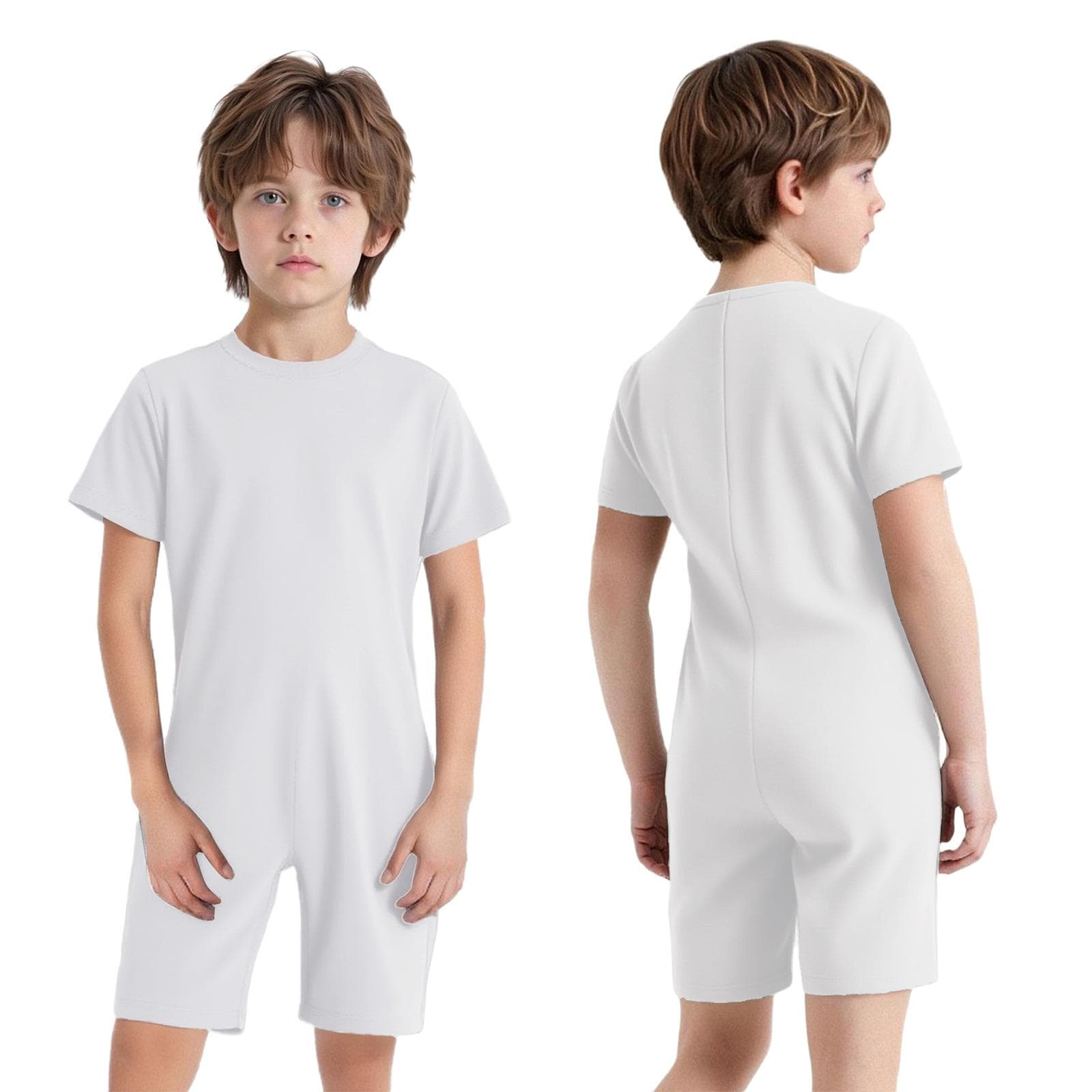 Special Needs Adaptive Clothing for Children Girls Boys Anti-Strip Romper Short Sleeve Zip Back Jumpsuit white
