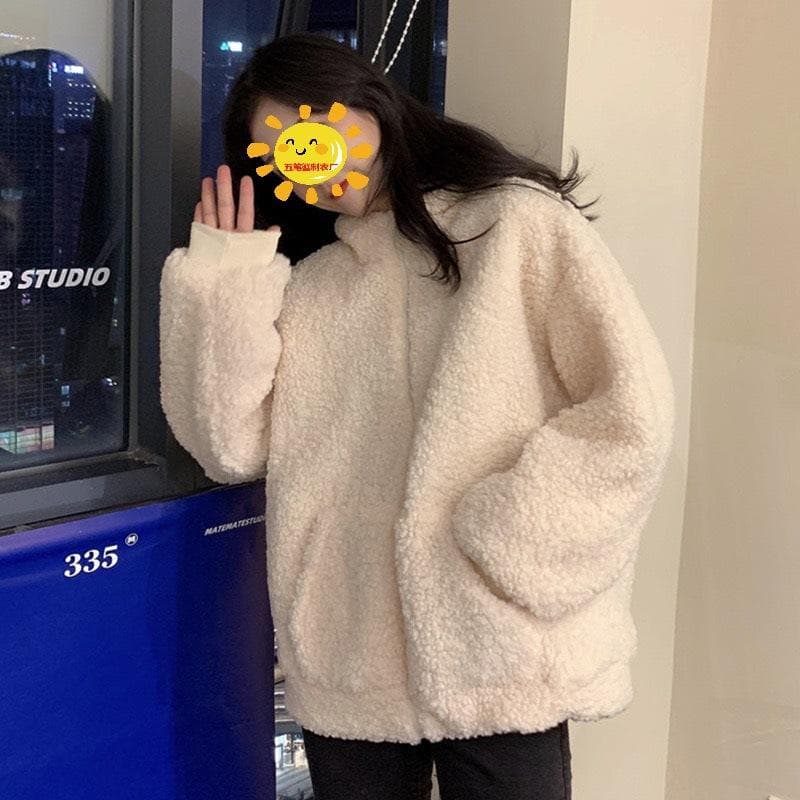 Lamb Velvet Autumn and Winter New Bear Ears Funny Cute Coat Female Student Loose Zipper Hooded Sweatshirt Women's Clothing One size