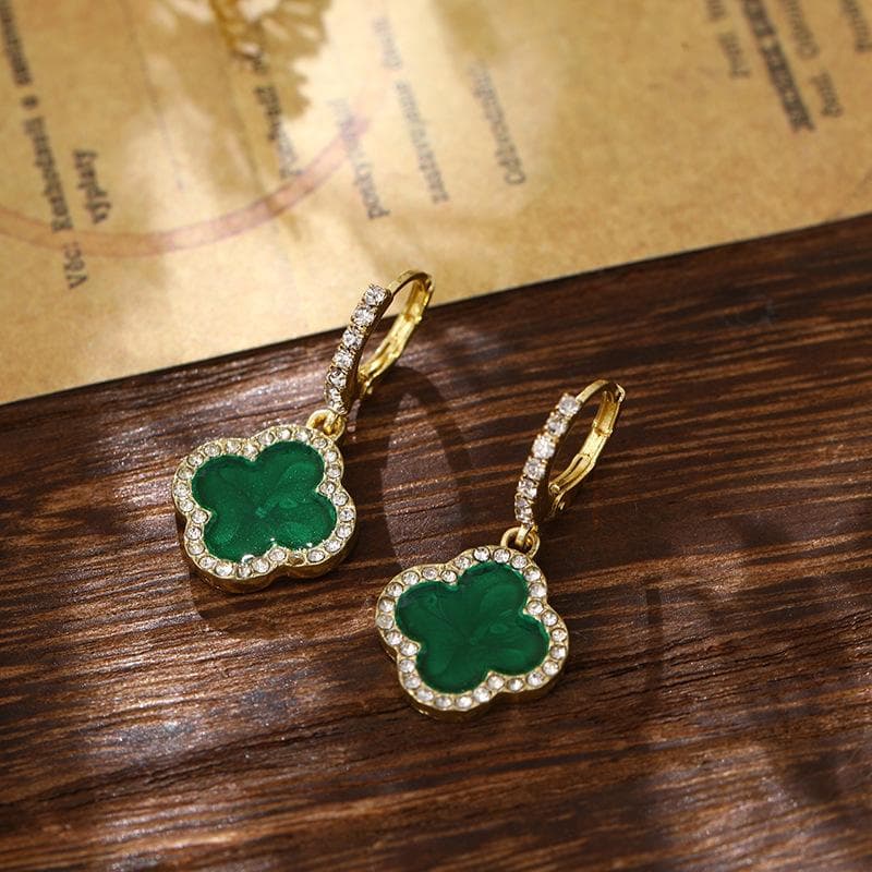Classic Luxury Four-Leaf Clover Delicate Rhinestone Women's Earrings Netroots High-Level Sense Of Earrings green