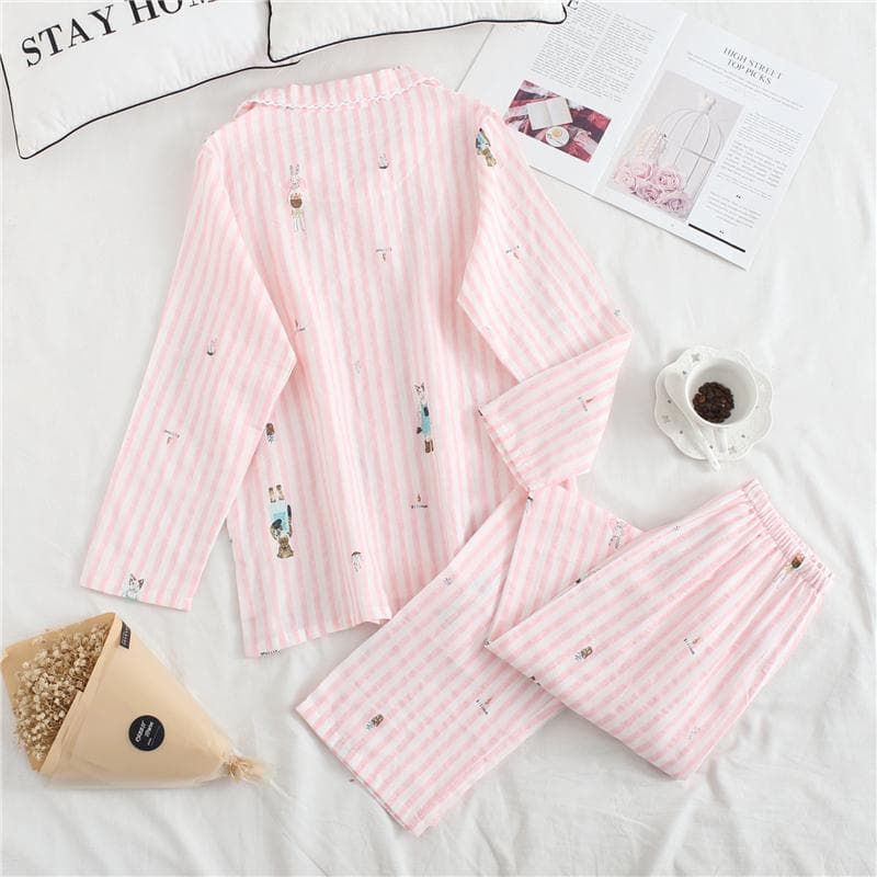 Fresh Maple Leaf Pajamas Set Women's 100% Gauze Cotton Long Sleeve Casual Pajamas Women's Summer Pajamas XL pink