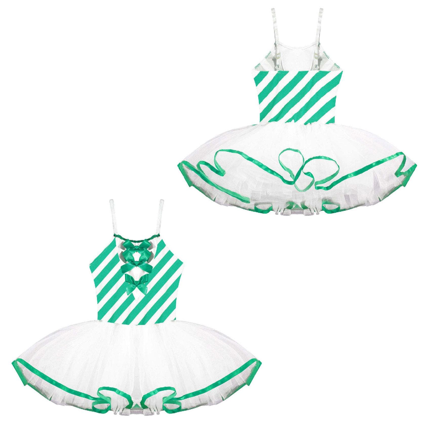 Children Striped Printed Dance Dress Girls Mesh Tutu Skating Dress Performance Dancing Costume 5-6 Years green