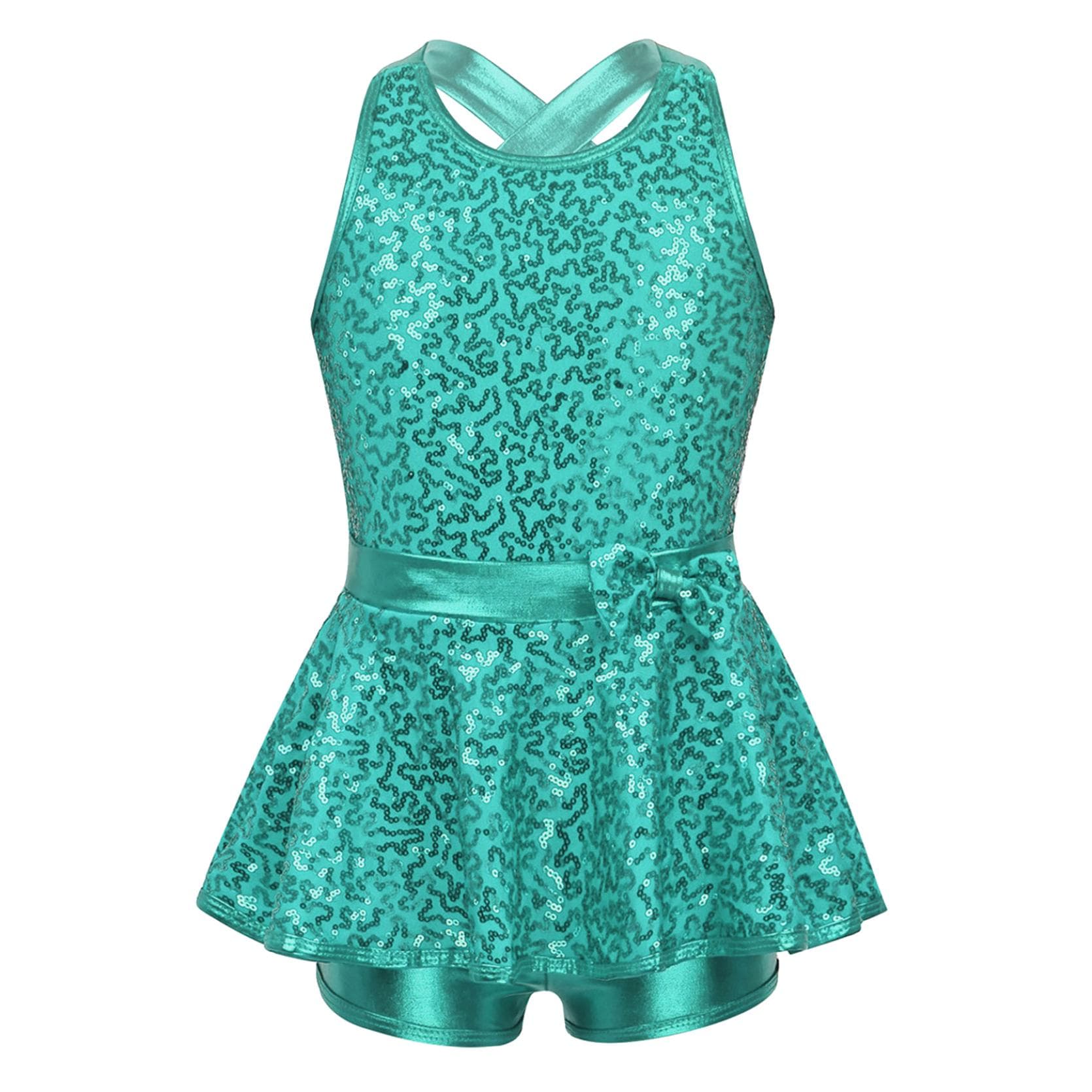 Girls' Kids Sequin Ballet Jazz Modern Tap Dress Dance wear Performance Costume Criss Cross Back Leotard Shorts 7-8 Years lake green