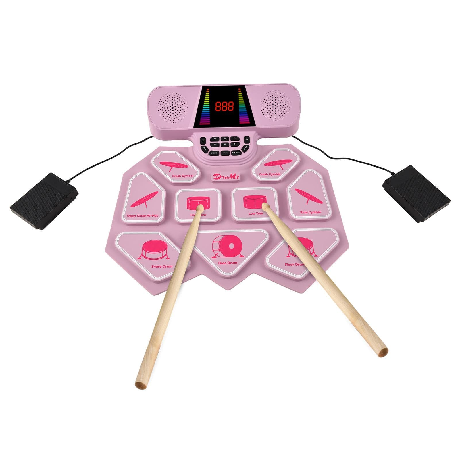 Electronic Drum Set with Dual Speaker Hand Roll Drum Set Ultra Thick 9 Pads Supports BT MIDI pink
