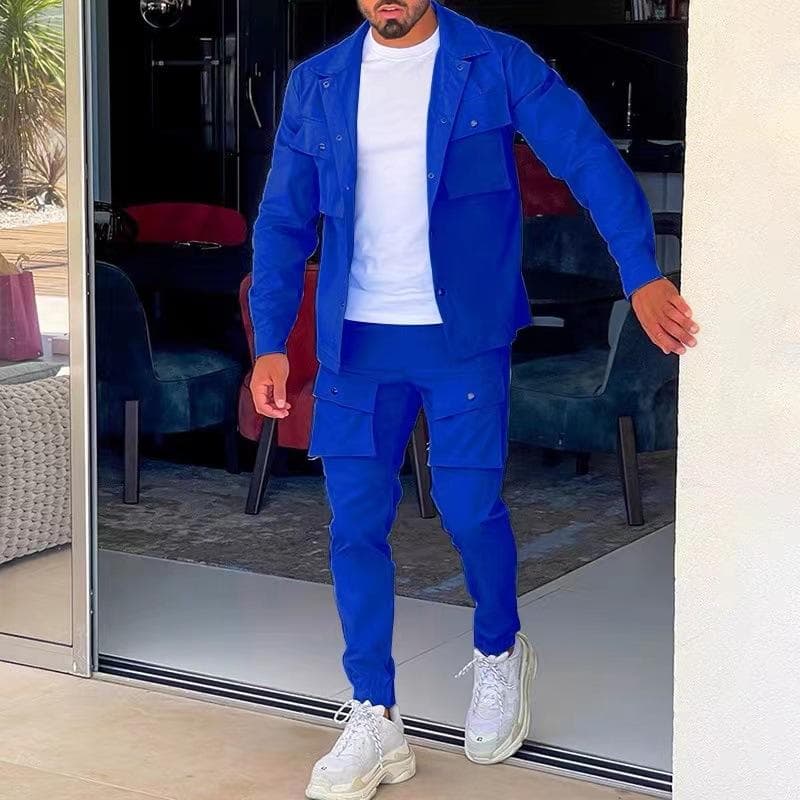 Men's Jacket Cargo Pants Set with Pocket Button Spring Fall Blue Tracksuit Solid Color Male Fashion 2 Pieces Suit M blue