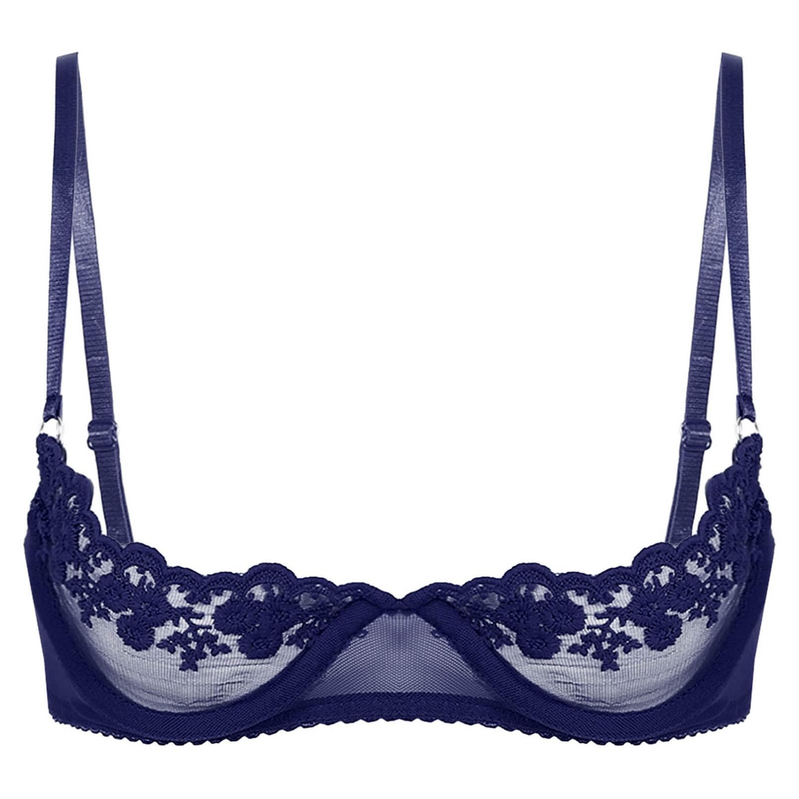 Women's Balconette Push Up Bra Lace Plus Size Bras See Through Underwire 4XL navy blue