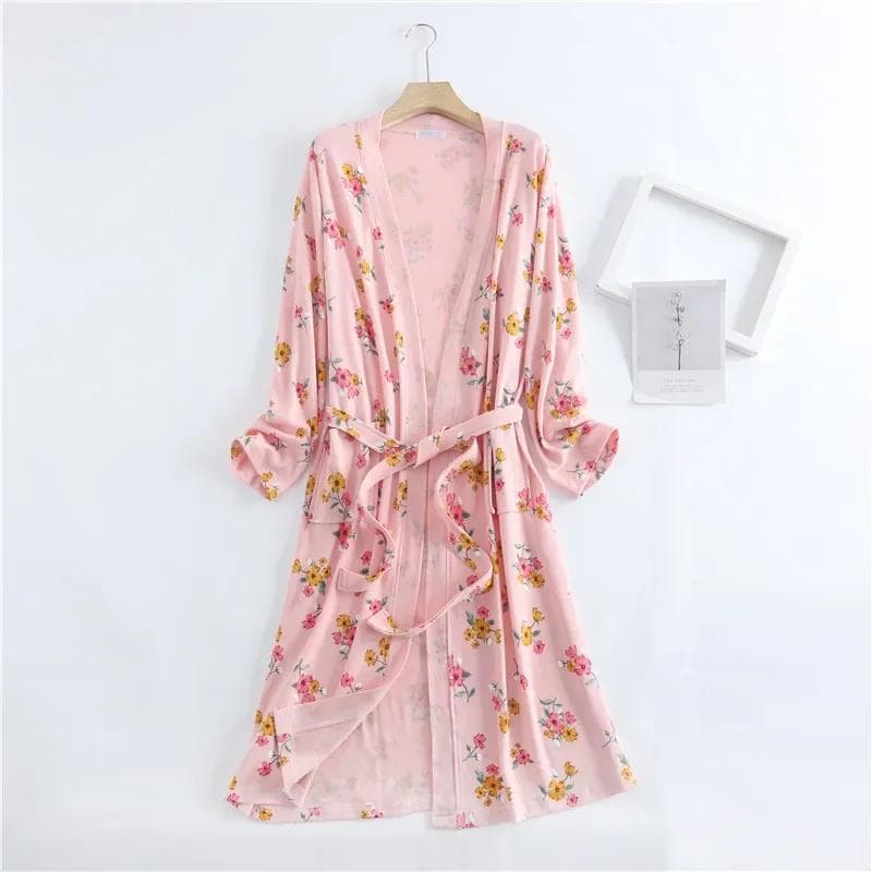 Spring and Autumn Cotton Waffle Kimono Bride Bathrobe and Night Gown Home Wear Women Flower Print Sashes House Robe for Women L