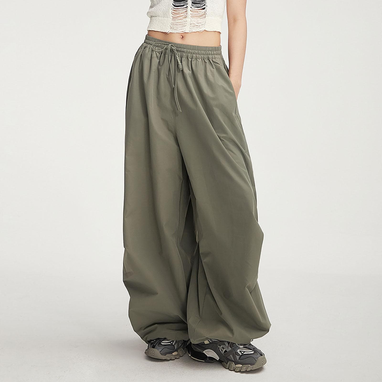 Girls Fashion Casual Wide Leg Sports Pants Elastic Waist Loose Pants Parachute Pants Paratrooper Cargo Pants M green