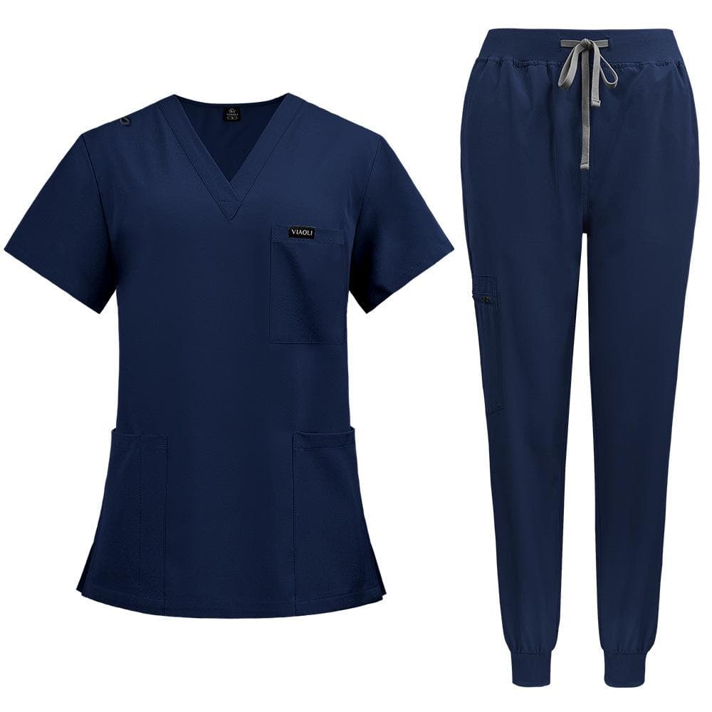 Scrubs for Women Set Jogger Pants Henley Two Piece Tops and Pants V Neck Stretchy Nurse Working Uniform with Pocket XL navy blue