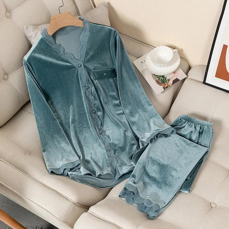 Velvet Pajamas Women Autumn Winter Sleepwear Long Sleeve Casual Nightwear Pyjamas Suit Loose Home Clothes Lace Trim Sleep Set XL