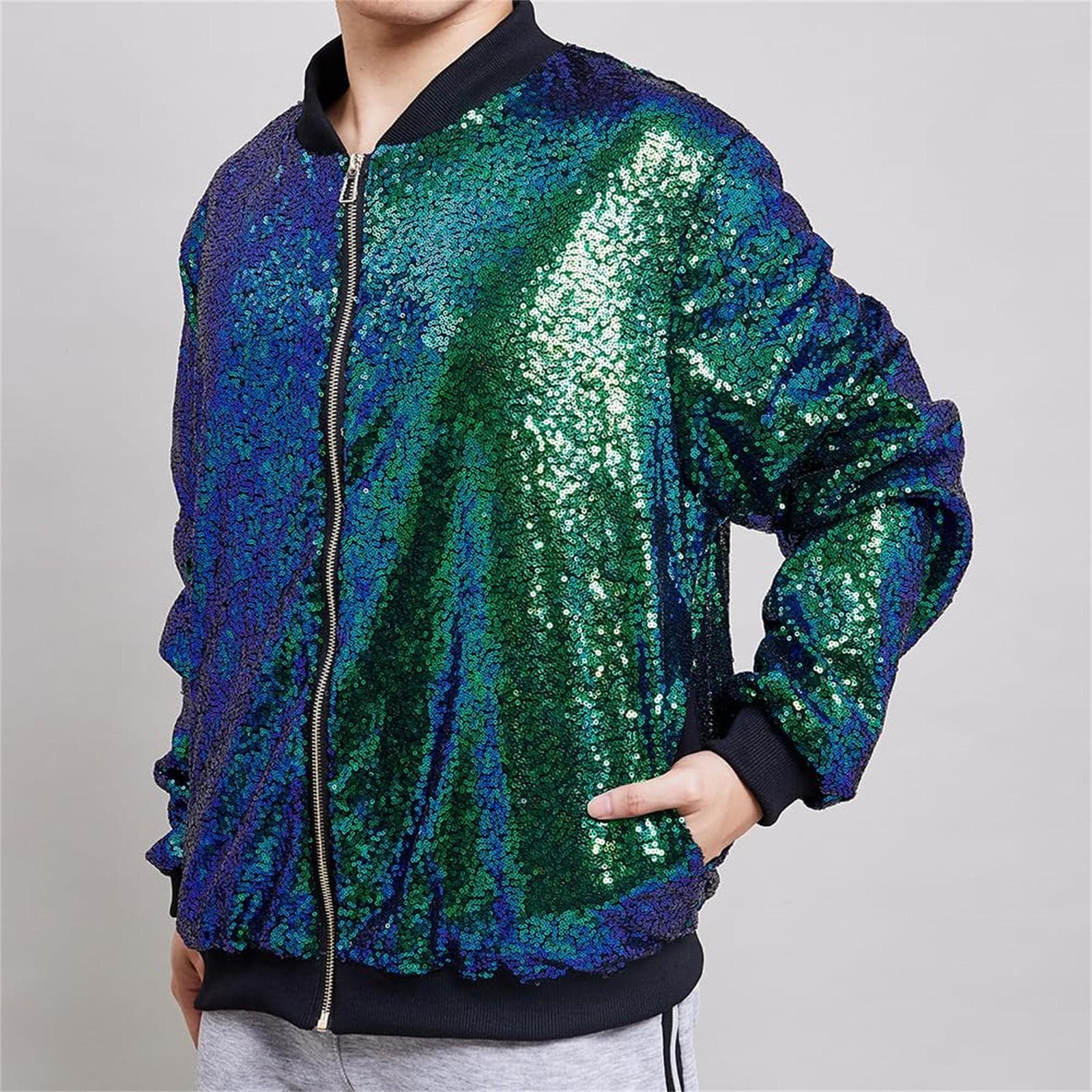 Men's Sequin Jacket Party Coat Festive Outfit Flip Sequin Concert Baseball Uniform M dark green