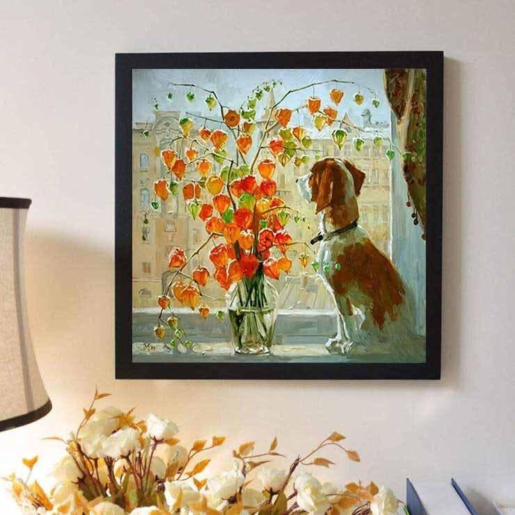 Diamond Painting Dog & Flowers Cross Stitch Needlework Home Decorative Full Round Diamond Embroidery 30x30CM
